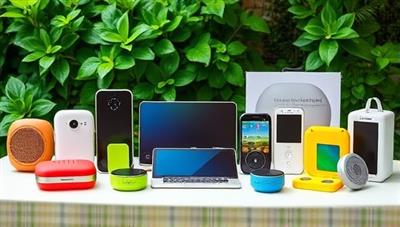 An array of colorful sustainable tech gadgets displayed on a table with green foliage in the background, showcasing the variety and eco-friendly aspect of the rental service in a visually appealing way.