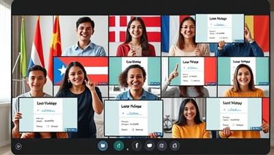A diverse group of individuals engaging in a virtual language lesson via the LingoVerse Connect platform, with language flags in the background, interactive language exercises on screens, and enthusiastic expressions, representing a vibrant language learning community.