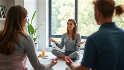 A mental health consultant facilitating a mindfulness session with a group, guiding participants through relaxation exercises and stress-relief techniques in a serene and calming environment, embodying the essence of mental well-being consulting.