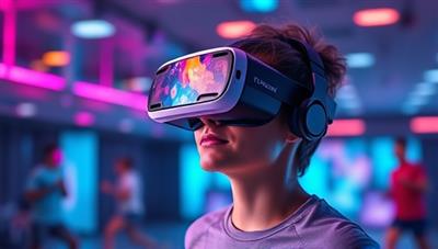An artistic rendering of a person wearing a VR headset, immersed in a virtual fitness world filled with vibrant colors and dynamic workout challenges, showcasing the blend of technology and physical activity.