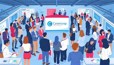 An engaging digital illustration depicting a virtual career fair with diverse professionals networking, attending workshops, and exploring career opportunities, showcasing the dynamic and interactive nature of the CareerLeap Hub platform.