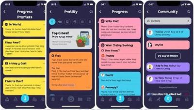 An engaging mobile app interface featuring a variety of colorful writing prompts, a progress tracker, and a community chat section for users to share their writing responses and connect with fellow writers, fostering creativity and collaboration.