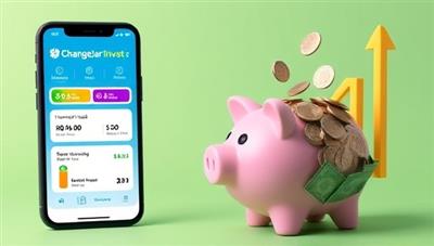A mobile phone screen displaying the ChangeJar Invest app interface, with colorful progress bars, investment goals, and round-up transactions, alongside a piggy bank overflowing with coins and a growth chart symbolizing financial progress and wealth accumulation, creating a motivational and engaging visual.