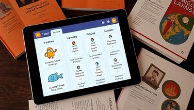 An interactive language learning interface on a tablet screen with AI tutoring features, vocabulary exercises, and language practice simulations, surrounded by language textbooks and cultural references, illustrating the immersive and effective language learning experience offered by LinguaBot Academy.