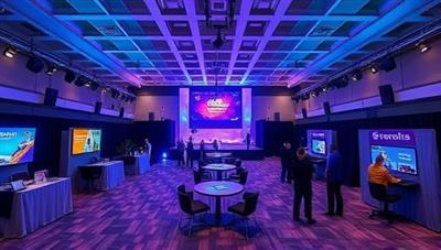 An immersive virtual event space with a stage, virtual booths, and interactive elements, showcasing the versatility and customization options available for hosting virtual gatherings with EventVirtuoso.
