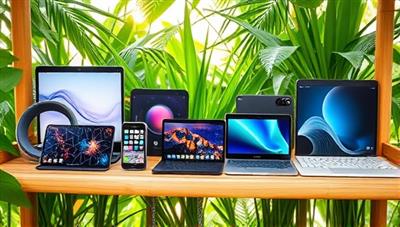An array of sleek and modern eco-friendly gadgets displayed on a sustainable bamboo shelf, surrounded by lush greenery, conveying the concept of EcoGadget Share's commitment to sustainability and tech innovation.