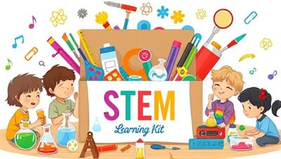 An artistic representation of a STEM learning kit box filled with colorful science tools, engineering materials, and technology components, surrounded by curious young minds engaged in hands-on experiments and collaborative learning, sparking creativity and exploration.