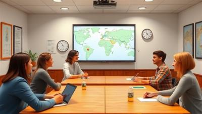 An interactive virtual language classroom scene with avatars representing diverse learners and instructors engaging in language exercises, cultural discussions, and virtual travel experiences, facilitating a dynamic and immersive language learning environment.