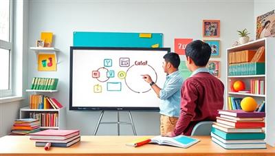 A vibrant and engaging virtual classroom setting with a tutor and student interacting on a digital whiteboard, surrounded by colorful educational materials and books, symbolizing dynamic and interactive learning experiences.
