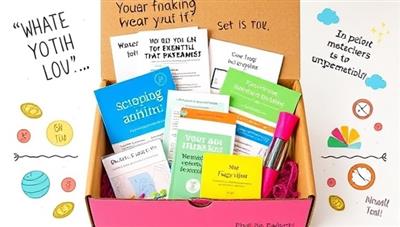 An assortment of colorful financial tools and educational materials neatly arranged in a subscription box, surrounded by motivational quotes and illustrations that symbolize personal growth and financial empowerment.