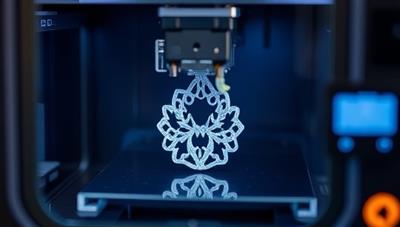 An intricate and custom-designed jewelry piece being 3D printed in a state-of-the-art printing machine, highlighting the precision and cutting-edge technology used in creating bespoke jewelry at GlowForge Gems, evoking the craftsmanship and innovation of the custom jewelry design studio.