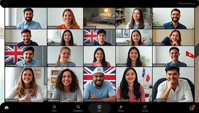 A diverse group of individuals engaging in a virtual language exchange session, speaking different languages and sharing cultural insights through video calls and interactive language games, fostering a sense of global connection and cultural immersion for users.