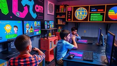 A tech-savvy learning environment with kids engrossed in coding projects on computers, animated characters on screens, and colorful coding blocks, surrounded by futuristic gadgets, digital art displays, and a dynamic and innovative atmosphere that inspires creativity and learning.