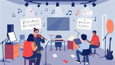 A digital illustration of a virtual music studio with mentors guiding students in playing instruments, singing, and composing music, surrounded by musical notes and instruments, creating a collaborative and inspiring environment for musical growth and mentorship.