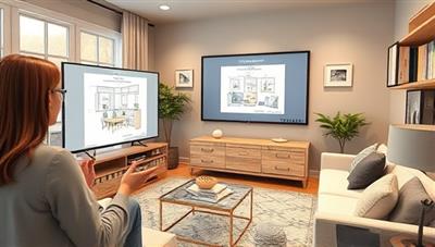 A digital rendering showcasing a virtual interior design consultation session with a designer presenting a room layout on a screen, surrounded by swatches, furniture samples, and decor ideas, creating an immersive and creative design experience.