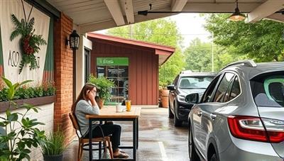 An eco-friendly car wash and cafe drive-thru setting with customers enjoying coffee and snacks in a cozy outdoor seating area while their cars are being washed using sustainable techniques and products, illustrating a harmonious blend of convenience and sustainability.