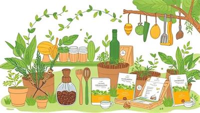 An eco-themed illustration featuring a variety of sustainable products, reusable items, gardening tools, and educational materials displayed in a nature-inspired setting, conveying a sense of eco-consciousness and green living.
