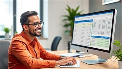 An office environment with a business owner smiling while managing payroll effortlessly on the PayrollEase Pro platform, with automated payroll reports and tax calculations displayed on the computer screen, showcasing efficiency and accuracy in payroll management.