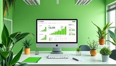 An innovative visual representation of GreenLedger showcasing a green-themed office environment with sustainable accounting reports on the screen, eco-friendly office supplies, and plant decor, symbolizing the integration of sustainability and finance in a visually appealing and eco-conscious manner.