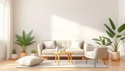 A calming virtual therapy room backdrop with soft colors, cozy furnishings, and plants, conveying a safe and supportive space for online mental health sessions and emotional support.