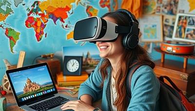An inspiring travel scene featuring a traveler immersed in a virtual reality travel experience, exploring a vibrant and exotic destination through a VR headset, surrounded by travel memorabilia and a laptop showcasing travel blogs and guides, igniting wanderlust and curiosity in the viewer.