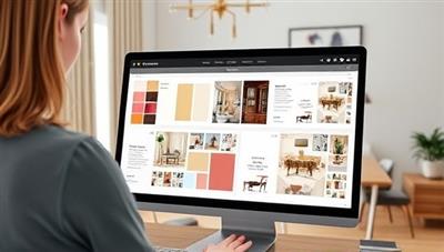 A digital depiction of a virtual interior design consultation session, featuring a designer showcasing color swatches, furniture layouts, and decor ideas on a computer screen, with a cozy and stylish room setting in the background, highlighting the creativity and expertise of virtual design services.