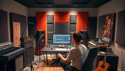 An immersive virtual music production studio setup featuring a student exploring audio tracks on a computer, surrounded by musical instruments, studio equipment, and soundproofing panels, encapsulating a creative and professional music production environment.