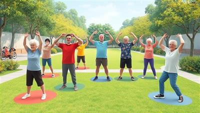 A heartwarming illustration showcasing a virtual fitness class for seniors with diverse elderly participants engaged in exercises, stretching, and social interactions, set against a backdrop of a serene virtual park, promoting active and healthy aging.