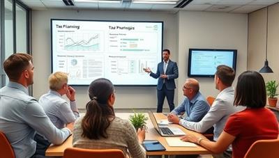 A virtual tax planning workshop scene with a diverse group of participants engaging in lively discussions on tax strategies, a tax professional leading the session with charts and diagrams on a digital screen, creating an interactive and educational atmosphere.
