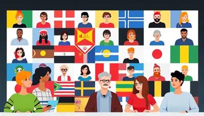 A colorful and diverse online meeting room with avatars representing participants from different countries engaging in lively language discussions, symbolizing cultural exchange and learning.