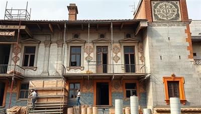 An old historic building undergoing restoration work with craftsmen carefully preserving intricate details, using traditional tools and techniques, highlighting the dedication to reviving architectural heritage.