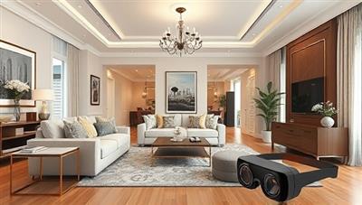 An elegant living room rendered in 3D, showcasing a blend of modern and classic design elements, with virtual reality glasses nearby, symbolizing the immersive design experience offered by Design Haven.