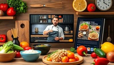 An appetizing visual of a virtual cooking class setting with a chef demonstrating a recipe on a live stream, surrounded by fresh ingredients, cooking utensils, and a digital cookbook display, creating a vibrant and interactive culinary experience through CulinaryCrafters.