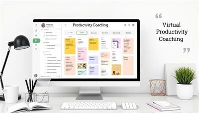 An engaging virtual productivity coaching session featuring a digital task board, time management tools, and motivational quotes, creating a productive and focused atmosphere for personal growth and efficiency enhancement.
