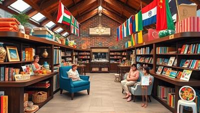 An interactive virtual marketplace showcasing diverse cultural experiences, language exchanges, and virtual homestays represented by colorful icons and avatars from various countries, fostering a sense of global community and connection among users.