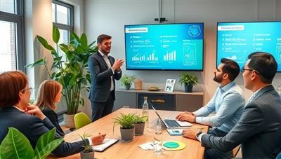 An office setting with a consultant presenting a detailed sustainability report to a group of attentive executives, surrounded by eco-friendly materials, plants, and digital screens showing environmental data, conveying a professional and eco-conscious atmosphere.