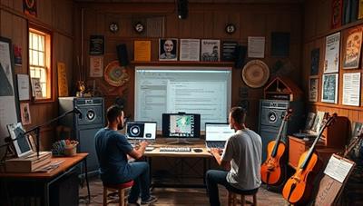 An artist studio scene with musicians and creators managing their royalties on a digital platform, surrounded by blockchain symbols and transparent payment records, illustrating the efficiency and fairness of royalty management through blockchain technology.