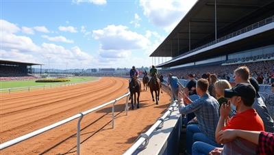 An immersive virtual reality scene of a horse racing track with detailed horse models, jockeys, and enthusiastic spectators cheering on the races, capturing the excitement and energy of live horse racing events in a virtual setting, enhancing the player's betting experience on RaceTrack VR.