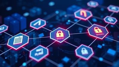 A futuristic digital illustration illustrating the transparency and security of blockchain technology with interconnected blocks representing insurance policies and verification processes, conveying trust and efficiency in the SecureInsure Verify platform.