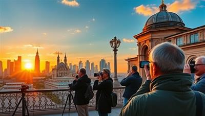 An image of a group of photographers capturing architectural details in a vibrant cityscape during a guided tour, with cameras in hand, tripods set up, and a sunset casting a warm glow over the skyline, encapsulating the essence of architectural photography exploration.