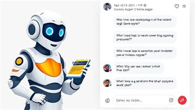 An engaging chatbot interface featuring a virtual legal assistant responding to user queries, with legal-themed graphics and a conversational layout, illustrating the accessibility and convenience of instant legal guidance through the chatbot service.