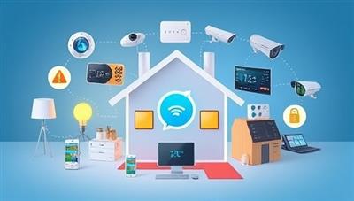 An illustration of a smart home hub surrounded by various connected devices like lights, thermostats, and security cameras, showcasing the convenience and security that HomeGuardian brings to modern households.