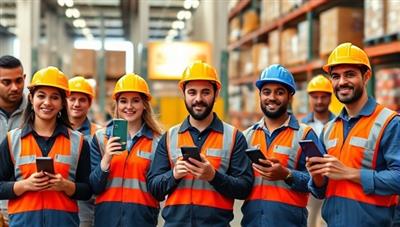 An engaging graphic showing a diverse group of warehouse workers with smartphones, ready to accept on-demand job requests, with a background of bustling warehouse activity, highlighting speed and flexibility in staffing solutions.