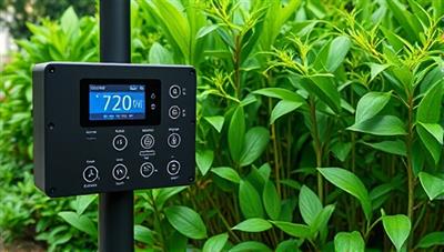 A smart irrigation control panel with a lush green garden in the background, showcasing the seamless integration of technology and nature in optimizing water usage and plant health.
