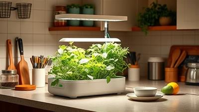 A cozy kitchen countertop setup featuring a compact hydroponic system with lush green herbs and vegetables growing under LED grow lights, surrounded by modern kitchen decor and utensils, illustrating a sustainable and stylish indoor gardening solution for urban spaces.