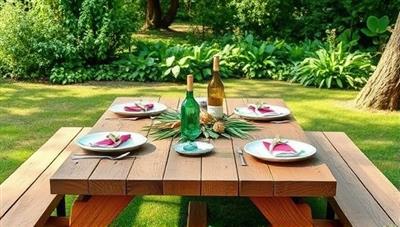 A serene outdoor setting with a beautifully set eco-friendly picnic table, adorned with natural decorations, reusable utensils, and a lush backdrop of greenery, promoting sustainability and outdoor leisure.