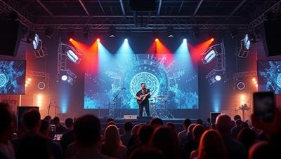 An atmospheric virtual concert setting with a musician performing live on screen, surrounded by virtual visual effects and interactive elements, creating an immersive and engaging music experience for viewers participating from home.