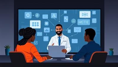 An inspiring graphic showcasing a virtual mentorship session, with a mentor guiding a group of diverse mentees on career paths in STEM fields, symbolizing knowledge sharing and professional growth.