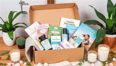 An enticing wellness subscription box filled with self-care products, relaxation tools, mindfulness guides, and educational materials on healthy living, surrounded by greenery, candles, and calming decor, creating a serene and inviting atmosphere for well-being exploration.