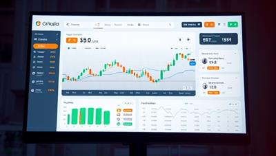 A dynamic visual of a virtual trading dashboard on a computer screen, displaying fluctuating cryptocurrency prices, trading charts, and a leaderboard of top performers, creating a competitive and immersive trading experience.